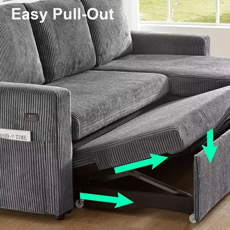 Dyonery Sleeper Sofa- 2 in 1 Pull Out Couch Bed with Storage Chaise Living Room,Corduroy Sectional Couch with USB Ports Tool-Free Assembly