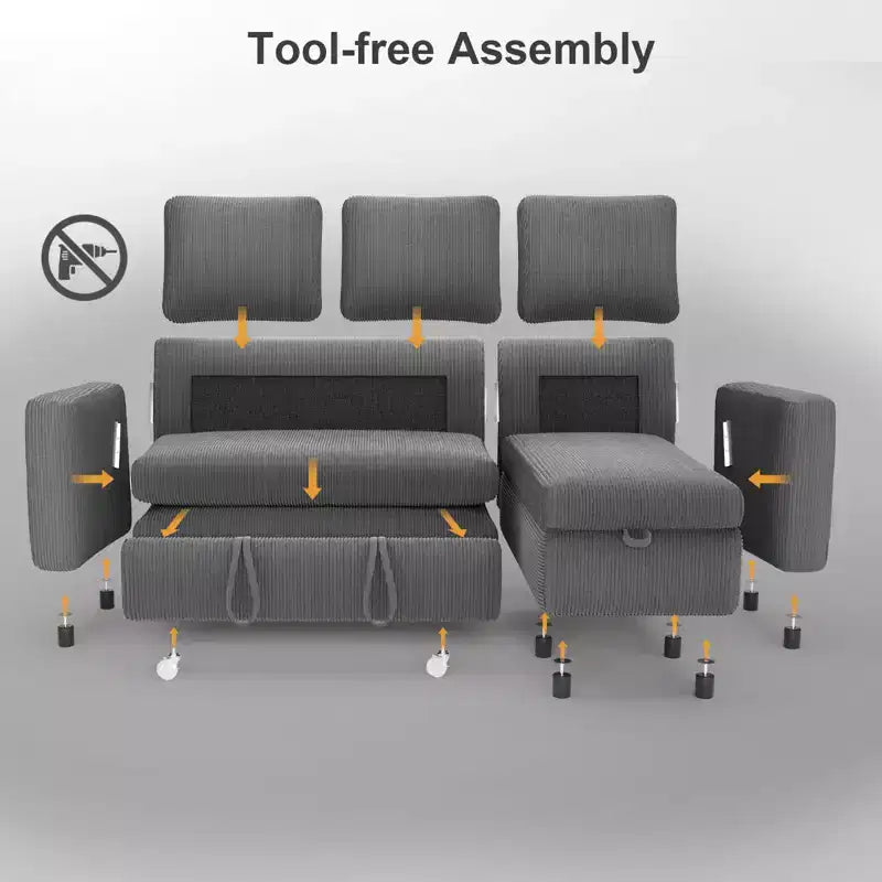 Dyonery Sleeper Sofa- 2 in 1 Pull Out Couch Bed with Storage Chaise Living Room,Corduroy Sectional Couch with USB Ports Tool-Free Assembly