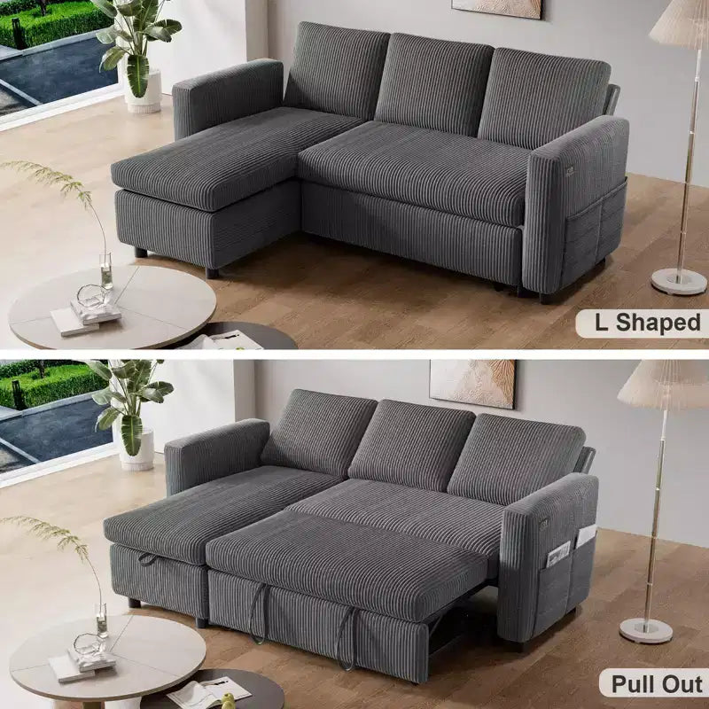 Dyonery Sleeper Sofa- 2 in 1 Pull Out Couch Bed with Storage Chaise Living Room,Corduroy Sectional Couch with USB Ports Tool-Free Assembly