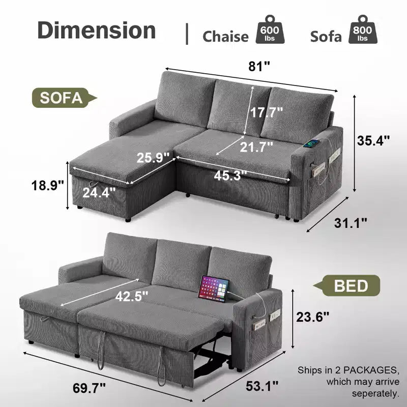 Dyonery Sleeper Sofa- 2 in 1 Pull Out Couch Bed with Storage Chaise Living Room,Corduroy Sectional Couch with USB Ports Tool-Free Assembly