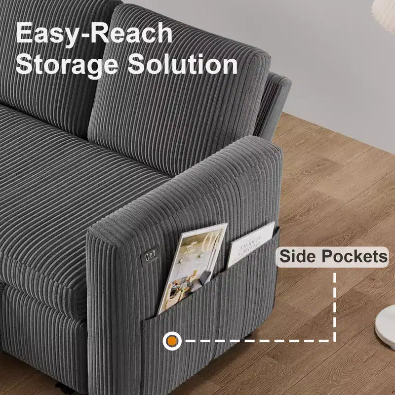 Dyonery Sleeper Sofa- 2 in 1 Pull Out Couch Bed with Storage Chaise Living Room,Corduroy Sectional Couch with USB Ports Tool-Free Assembly