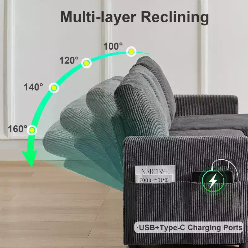 Dyonery Sleeper Sofa- 2 in 1 Pull Out Couch Bed with Storage Chaise Living Room,Corduroy Sectional Couch with USB Ports Tool-Free Assembly