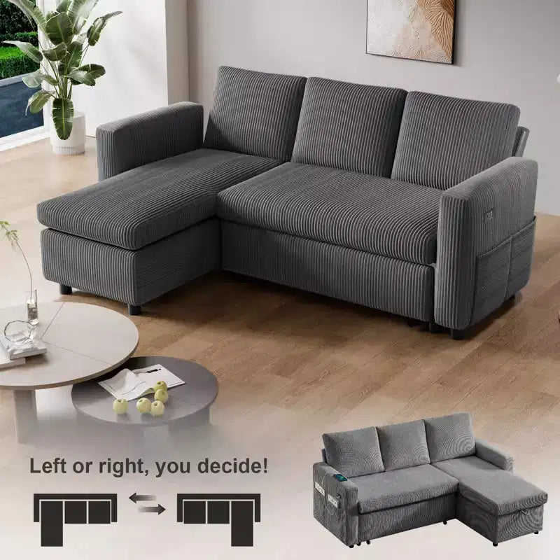 Dyonery Sleeper Sofa- 2 in 1 Pull Out Couch Bed with Storage Chaise Living Room,Corduroy Sectional Couch with USB Ports Tool-Free Assembly
