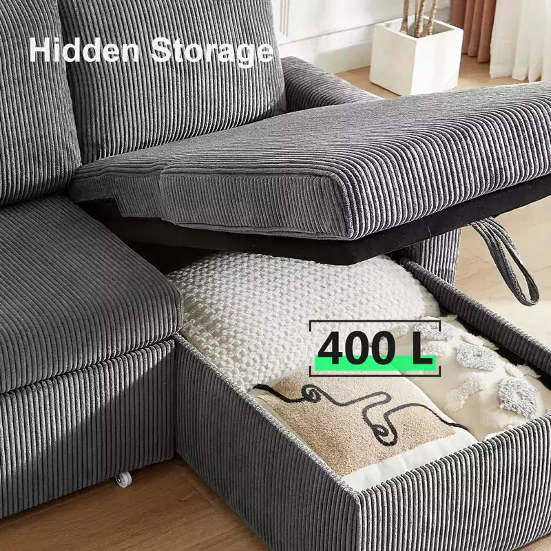 Dyonery Sleeper Sofa- 2 in 1 Pull Out Couch Bed with Storage Chaise Living Room,Corduroy Sectional Couch with USB Ports Tool-Free Assembly