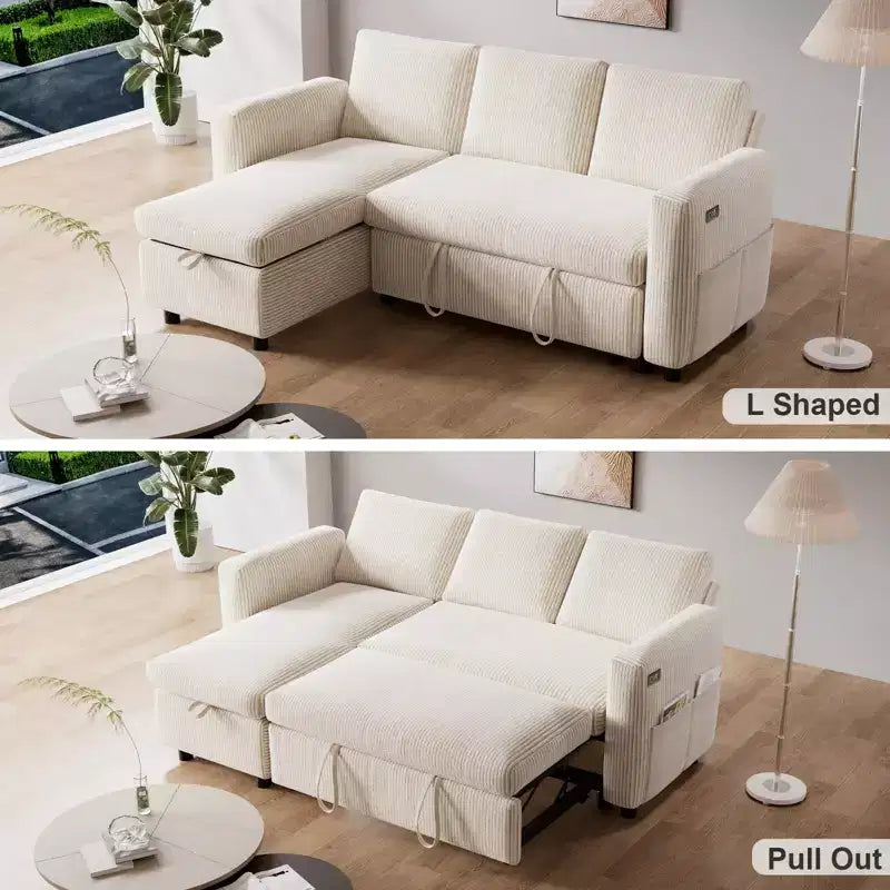 Dyonery Sleeper Sofa- 2 in 1 Pull Out Couch Bed with Storage Chaise Living Room,Corduroy Sectional Couch with USB Ports Tool-Free Assembly