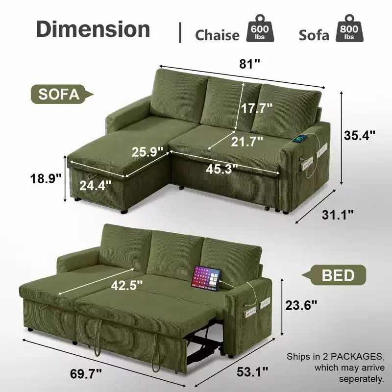 Dyonery Sleeper Sofa- 2 in 1 Pull Out Couch Bed with Storage Chaise Living Room,Corduroy Sectional Couch with USB Ports Tool-Free Assembly