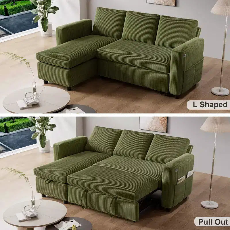 Dyonery Sleeper Sofa- 2 in 1 Pull Out Couch Bed with Storage Chaise Living Room,Corduroy Sectional Couch with USB Ports Tool-Free Assembly