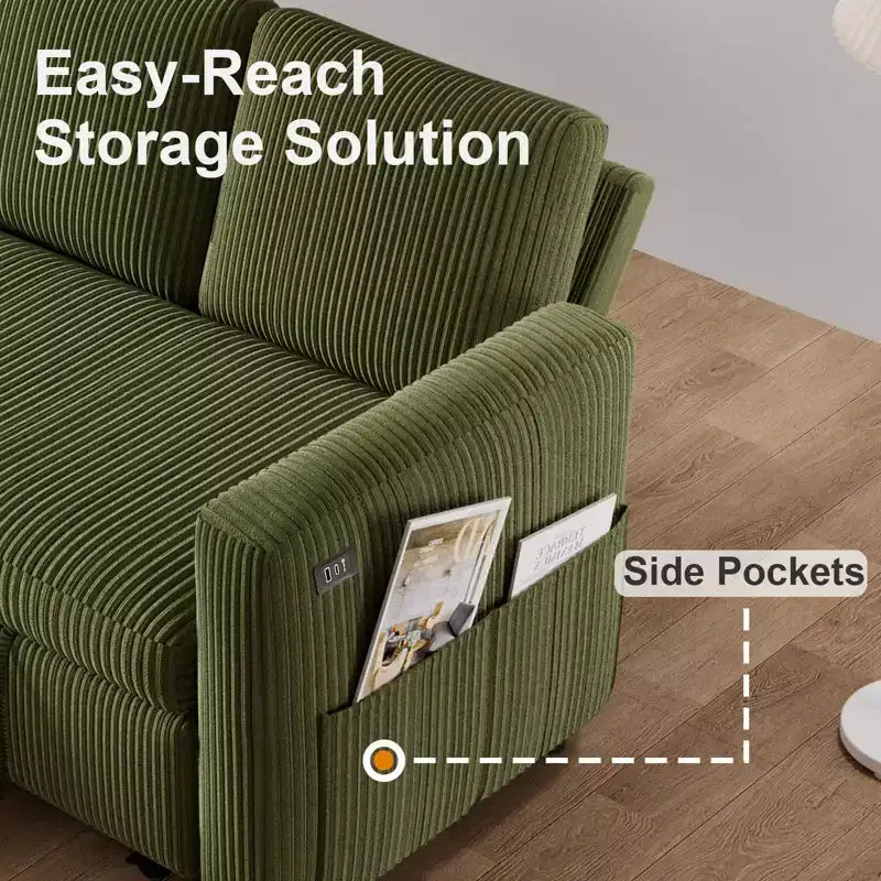 Dyonery Sleeper Sofa- 2 in 1 Pull Out Couch Bed with Storage Chaise Living Room,Corduroy Sectional Couch with USB Ports Tool-Free Assembly