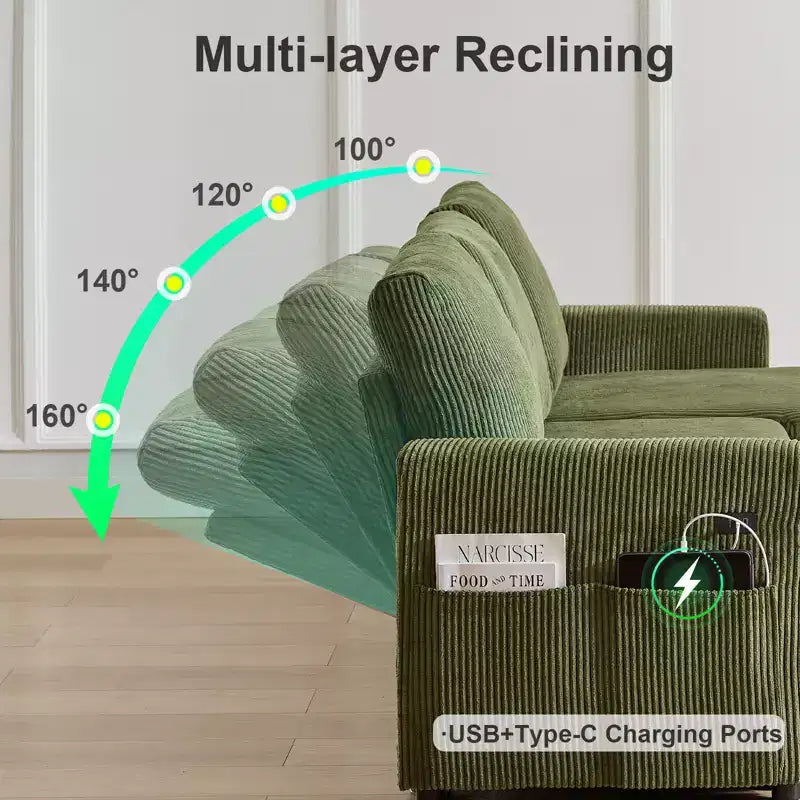 Dyonery Sleeper Sofa- 2 in 1 Pull Out Couch Bed with Storage Chaise Living Room,Corduroy Sectional Couch with USB Ports Tool-Free Assembly