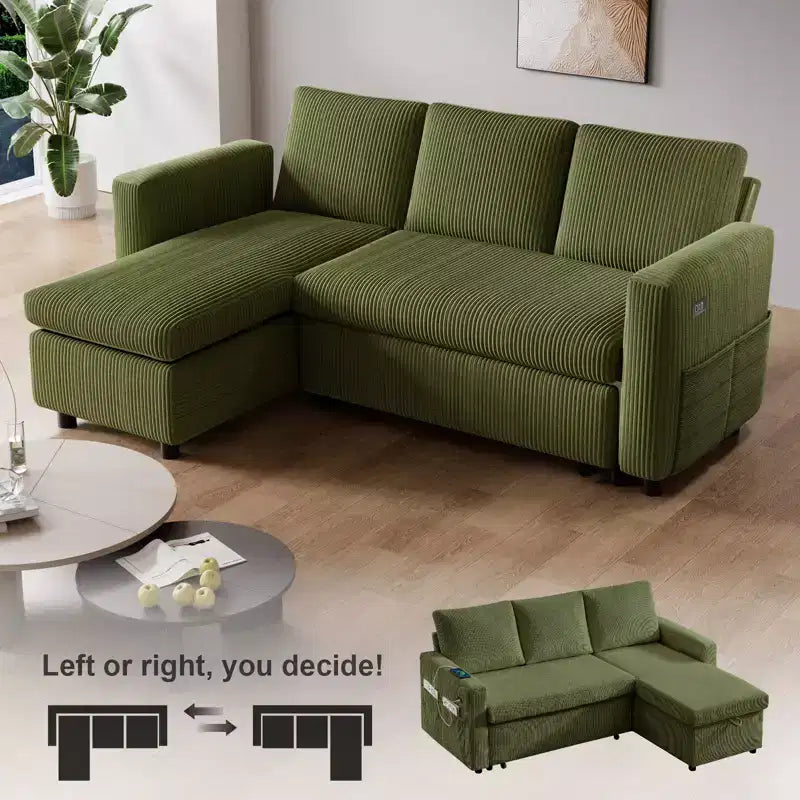 Dyonery Sleeper Sofa- 2 in 1 Pull Out Couch Bed with Storage Chaise Living Room,Corduroy Sectional Couch with USB Ports Tool-Free Assembly