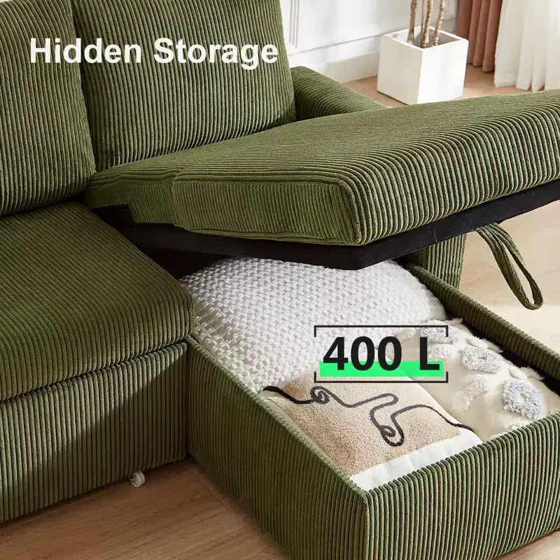Dyonery Sleeper Sofa- 2 in 1 Pull Out Couch Bed with Storage Chaise Living Room,Corduroy Sectional Couch with USB Ports Tool-Free Assembly