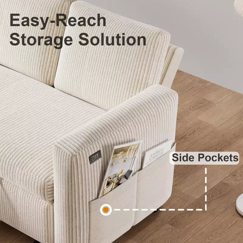 Dyonery Sleeper Sofa- 2 in 1 Pull Out Couch Bed with Storage Chaise Living Room,Corduroy Sectional Couch with USB Ports Tool-Free Assembly