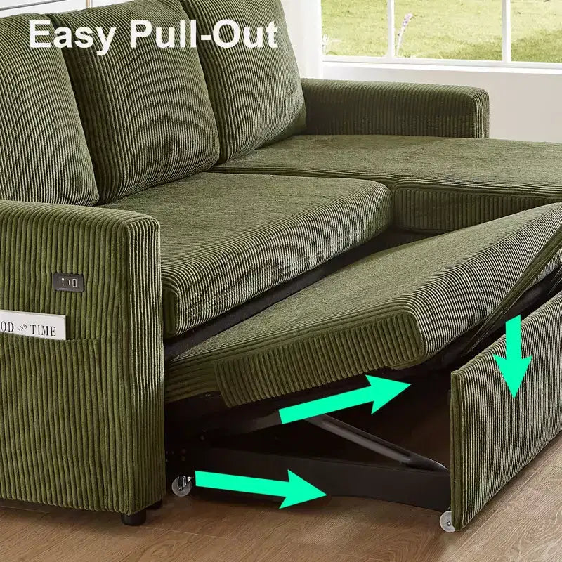 Dyonery Sleeper Sofa- 2 in 1 Pull Out Couch Bed with Storage Chaise Living Room,Corduroy Sectional Couch with USB Ports Tool-Free Assembly