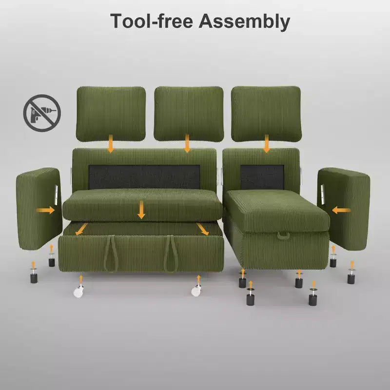 Dyonery Sleeper Sofa- 2 in 1 Pull Out Couch Bed with Storage Chaise Living Room,Corduroy Sectional Couch with USB Ports Tool-Free Assembly