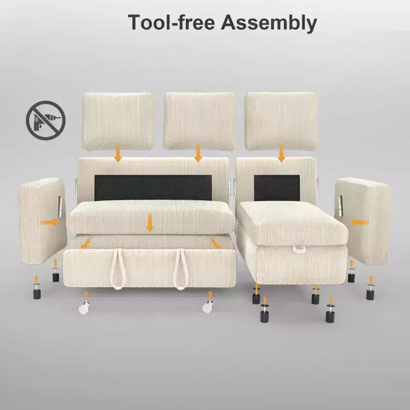 Dyonery Sleeper Sofa- 2 in 1 Pull Out Couch Bed with Storage Chaise Living Room,Corduroy Sectional Couch with USB Ports Tool-Free Assembly