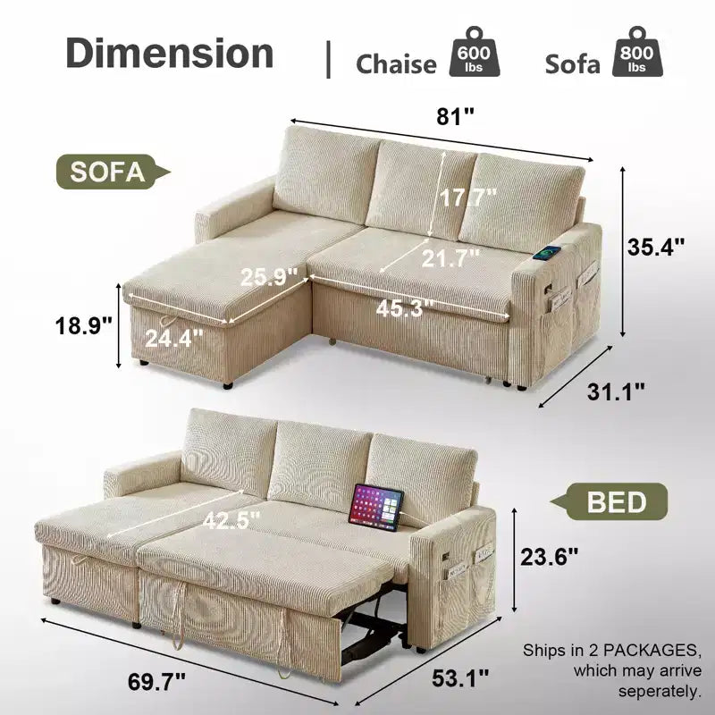 Dyonery Sleeper Sofa- 2 in 1 Pull Out Couch Bed with Storage Chaise Living Room,Corduroy Sectional Couch with USB Ports Tool-Free Assembly
