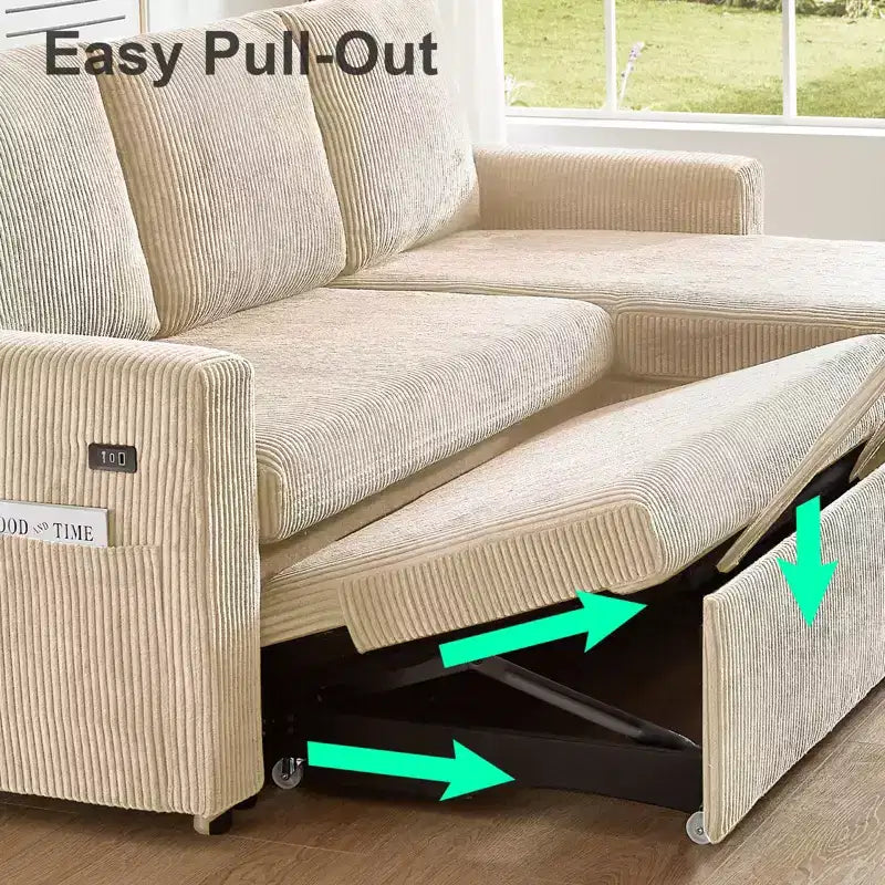 Dyonery Sleeper Sofa- 2 in 1 Pull Out Couch Bed with Storage Chaise Living Room,Corduroy Sectional Couch with USB Ports Tool-Free Assembly