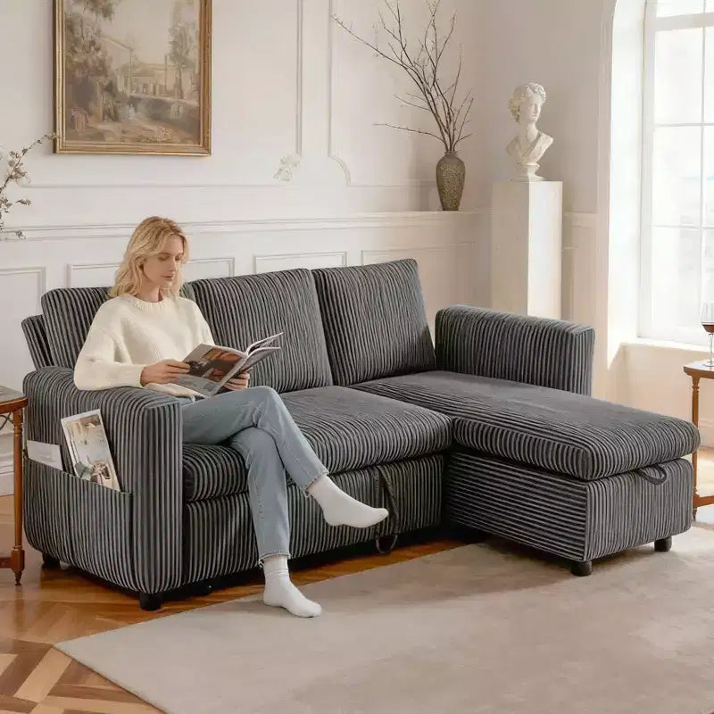 Dyonery Sleeper Sofa- 2 in 1 Pull Out Couch Bed with Storage Chaise Living Room,Corduroy Sectional Couch with USB Ports Tool-Free Assembly
