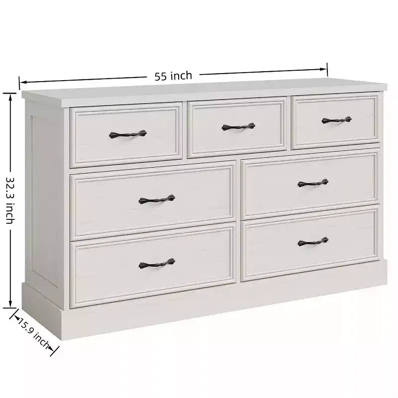 Farmhouse 7 Drawer Dresser, 55 Wide 7 Chest of Drawers Storage with Sturdy Foundation, White Wooden TV Stand for Bedroom Living Room Nursery