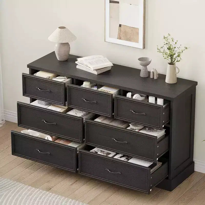 Farmhouse 7 Drawer Dresser, 55 Wide 7 Chest of Drawers Storage with Sturdy Foundation, White Wooden TV Stand for Bedroom Living Room Nursery