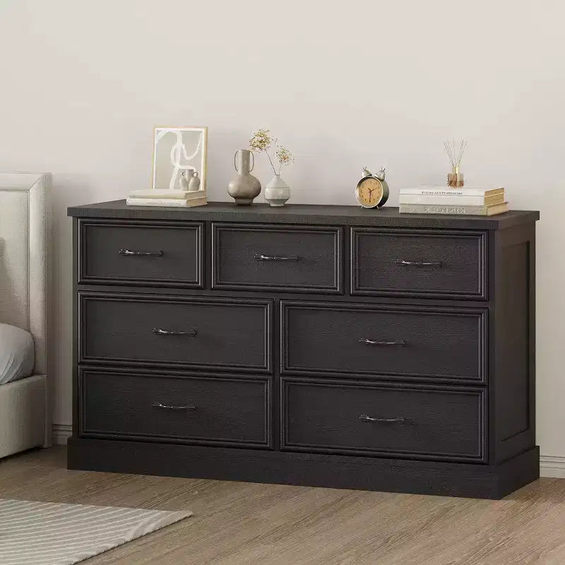 Farmhouse 7 Drawer Dresser, 55 Wide 7 Chest of Drawers Storage with Sturdy Foundation, White Wooden TV Stand for Bedroom Living Room Nursery