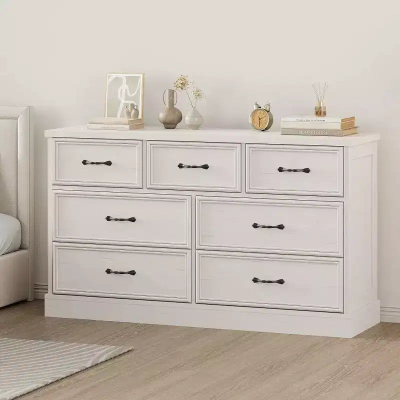 Farmhouse 7 Drawer Dresser, 55 Wide 7 Chest of Drawers Storage with Sturdy Foundation, White Wooden TV Stand for Bedroom Living Room Nursery