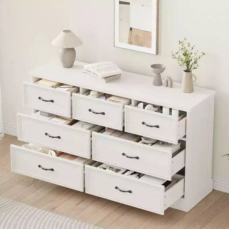 Farmhouse 7 Drawer Dresser, 55 Wide 7 Chest of Drawers Storage with Sturdy Foundation, White Wooden TV Stand for Bedroom Living Room Nursery