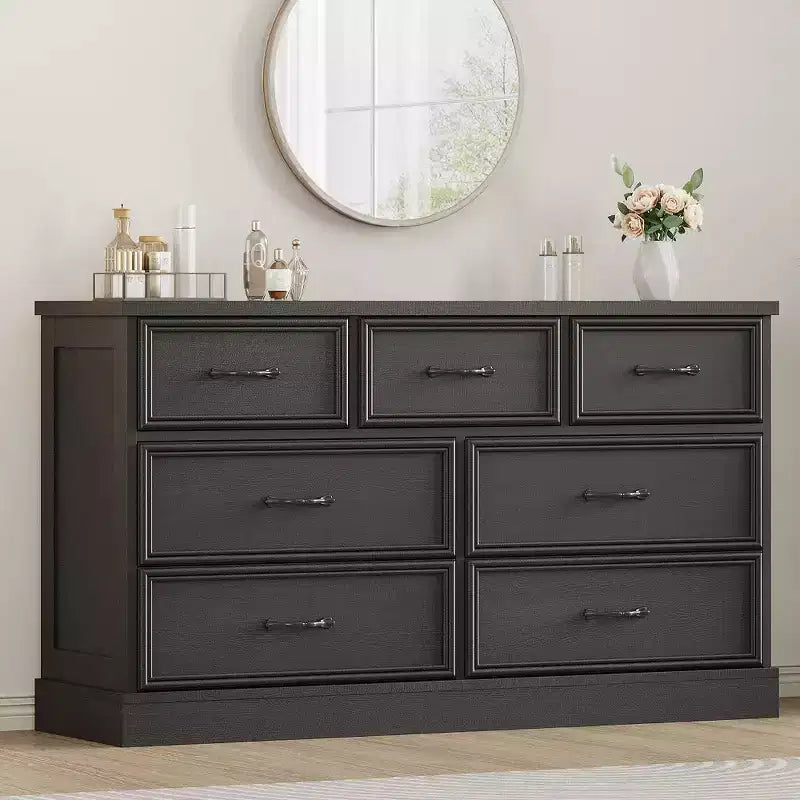 Farmhouse 7 Drawer Dresser, 55 Wide 7 Chest of Drawers Storage with Sturdy Foundation, White Wooden TV Stand for Bedroom Living Room Nursery