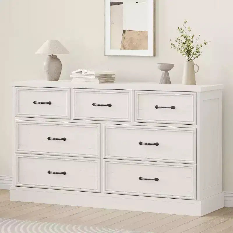 Farmhouse 7 Drawer Dresser, 55 Wide 7 Chest of Drawers Storage with Sturdy Foundation, White Wooden TV Stand for Bedroom Living Room Nursery