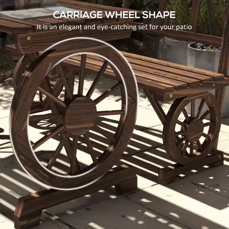 Patio Table and Chairs for 4 People, Wagon Wheel Design, Outdoor Furniture Set for Backyard, Garden, Carbonized