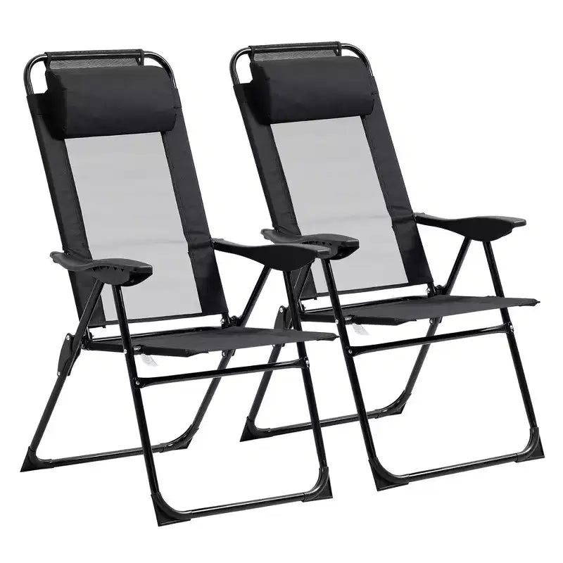 Folding Patio Dining Chairs Set of 2, Outdoor Deck Chair with Adjustable Sling Back, Camping Chair with Removable Headrest for Garden, Backyard,Black