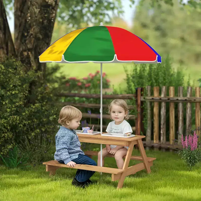 Table de pique-nique extérieure pour enfants en bois avec parasol amovible, table d'activités pour enfants avec sable et eau pour patio, couleurs assorties
