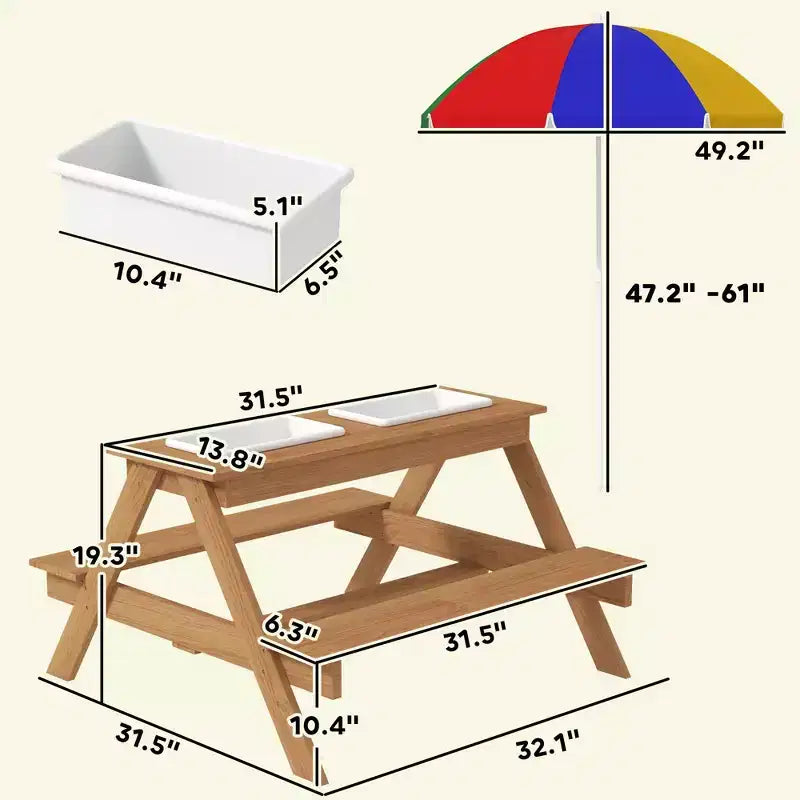 Table de pique-nique extérieure pour enfants en bois avec parasol amovible, table d'activités pour enfants avec sable et eau pour patio, couleurs assorties