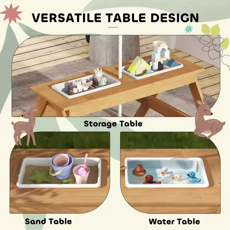 Table de pique-nique extérieure pour enfants en bois avec parasol amovible, table d'activités pour enfants avec sable et eau pour patio, couleurs assorties