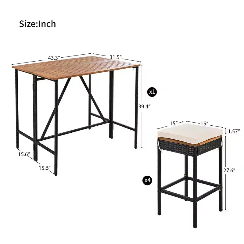 GDFStudio Mason Patio Modern 5-Piece Acacia Wood and PE Rattan Wicker Bar Height Dining Set with Cushioned Stools