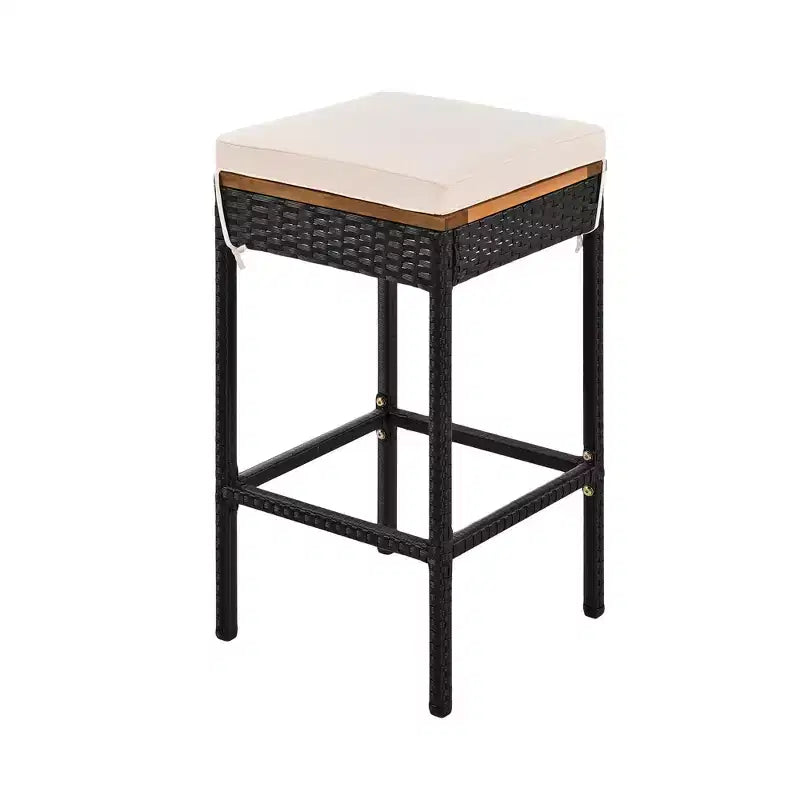 GDFStudio Mason Patio Modern 5-Piece Acacia Wood and PE Rattan Wicker Bar Height Dining Set with Cushioned Stools