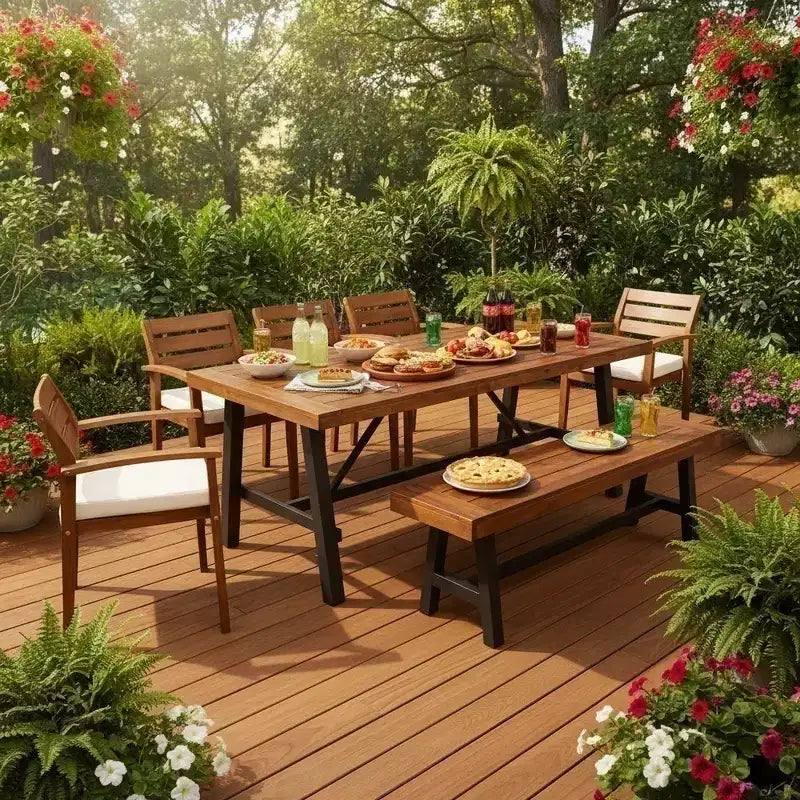 Whisen 7-piece Rustic Wood Outdoor Dining Set - Seats 8, Patio Furniture Set with Removable Cushions, Chairs and Bench, Weather Resistant - Natural