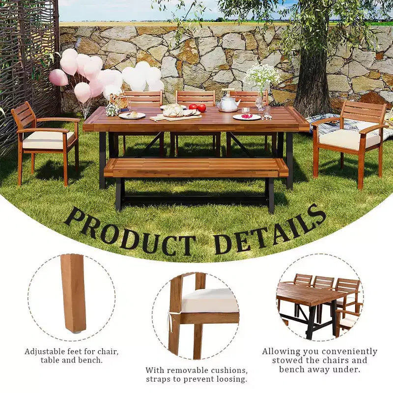 Whisen 7-piece Rustic Wood Outdoor Dining Set - Seats 8, Patio Furniture Set with Removable Cushions, Chairs and Bench, Weather Resistant - Natural