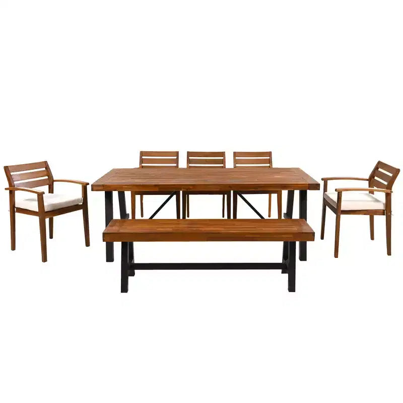 Whisen 7-piece Rustic Wood Outdoor Dining Set - Seats 8, Patio Furniture Set with Removable Cushions, Chairs and Bench, Weather Resistant - Natural