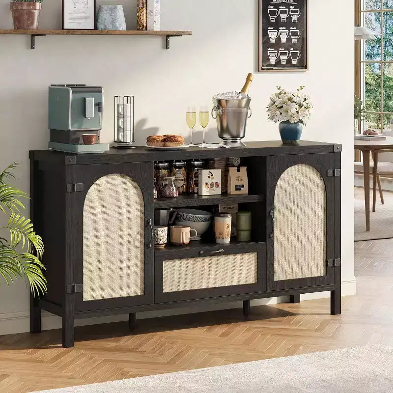 Buffet Cabinet, 47 Inch Rattan Storage Sideboard with Adjustable Shelves & Drawer, Boho Farmhouse