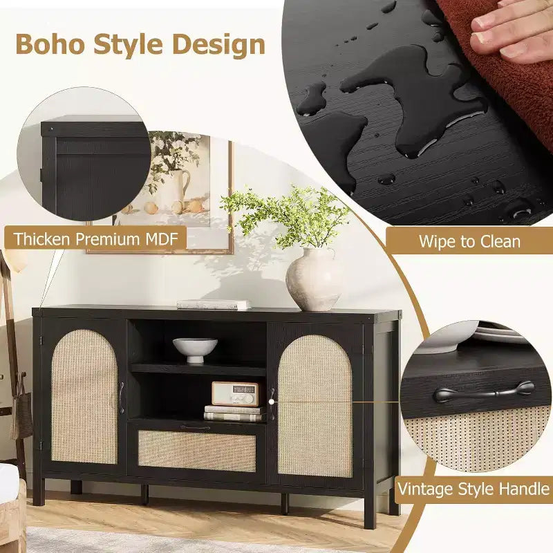 Buffet Cabinet, 47 Inch Rattan Storage Sideboard with Adjustable Shelves & Drawer, Boho Farmhouse