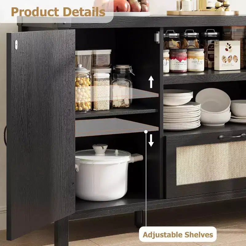 Buffet Cabinet, 47 Inch Rattan Storage Sideboard with Adjustable Shelves & Drawer, Boho Farmhouse