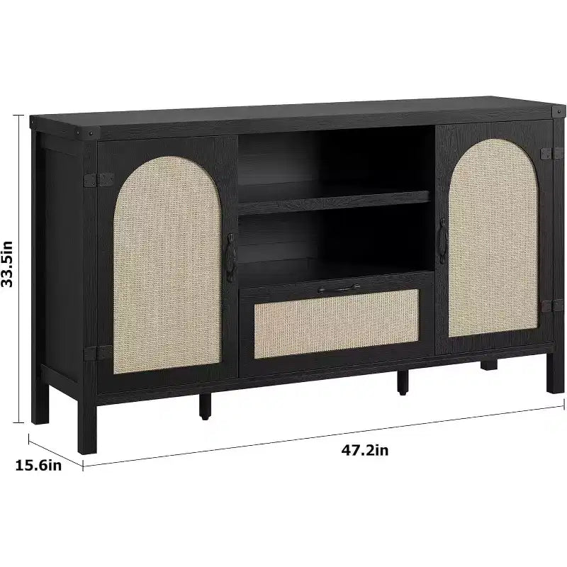 Buffet Cabinet, 47 Inch Rattan Storage Sideboard with Adjustable Shelves & Drawer, Boho Farmhouse