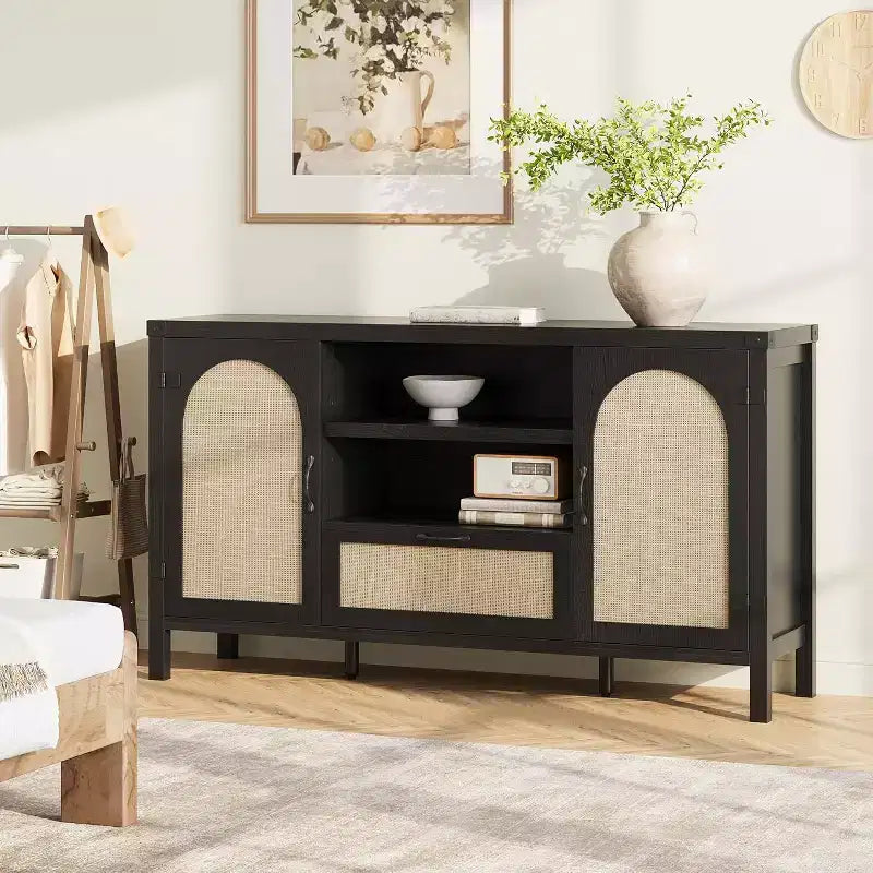 Buffet Cabinet, 47 Inch Rattan Storage Sideboard with Adjustable Shelves & Drawer, Boho Farmhouse
