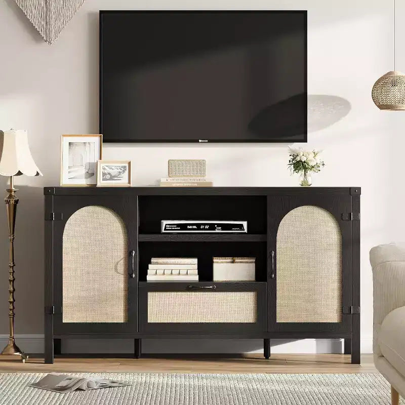 Buffet Cabinet, 47 Inch Rattan Storage Sideboard with Adjustable Shelves & Drawer, Boho Farmhouse
