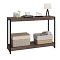 Farmhouse 2-Tier Console Table with Slatted Wood Shelves, Rustic Metal Frame Entryway Sofa Table for Living Room Hallway Foyer