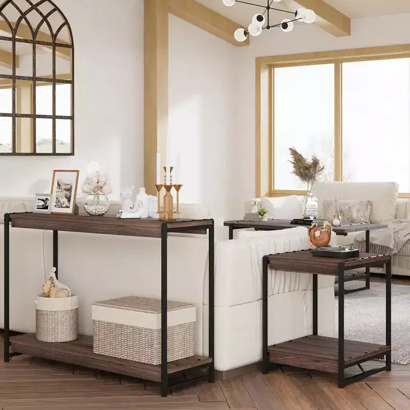 Farmhouse 2-Tier Console Table with Slatted Wood Shelves, Rustic Metal Frame Entryway Sofa Table for Living Room Hallway Foyer