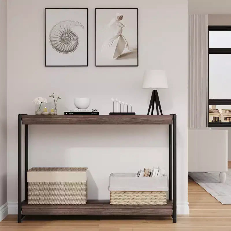 Farmhouse 2-Tier Console Table with Slatted Wood Shelves, Rustic Metal Frame Entryway Sofa Table for Living Room Hallway Foyer