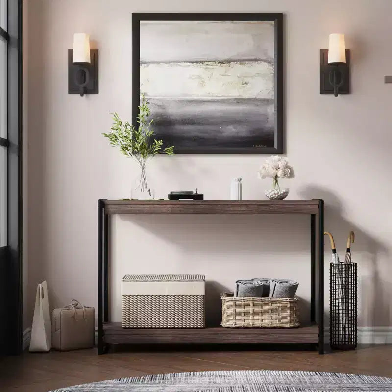 Farmhouse 2-Tier Console Table with Slatted Wood Shelves, Rustic Metal Frame Entryway Sofa Table for Living Room Hallway Foyer