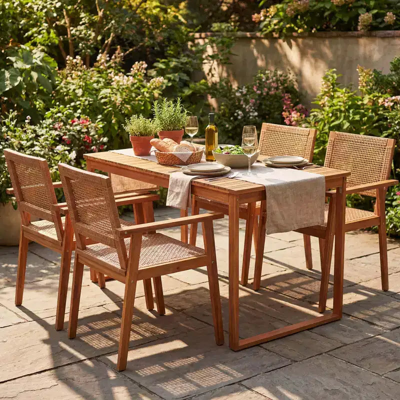 Gymax 5PCS Acacia Wood Dining Set Outdoor Table & Rattan Chairs for Balcony Poolside